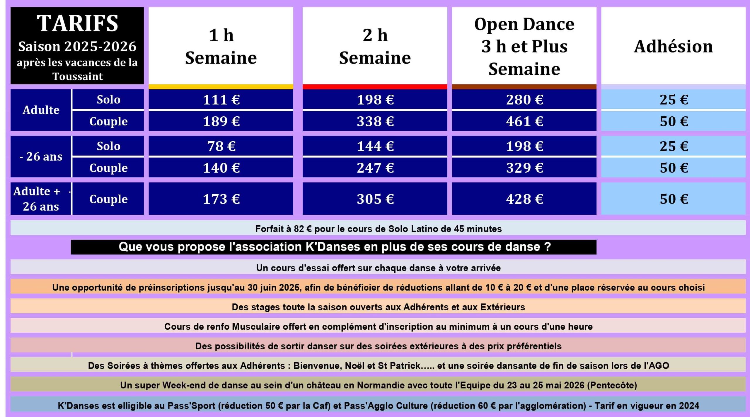 Tarifs KDanses Toussaint 2025