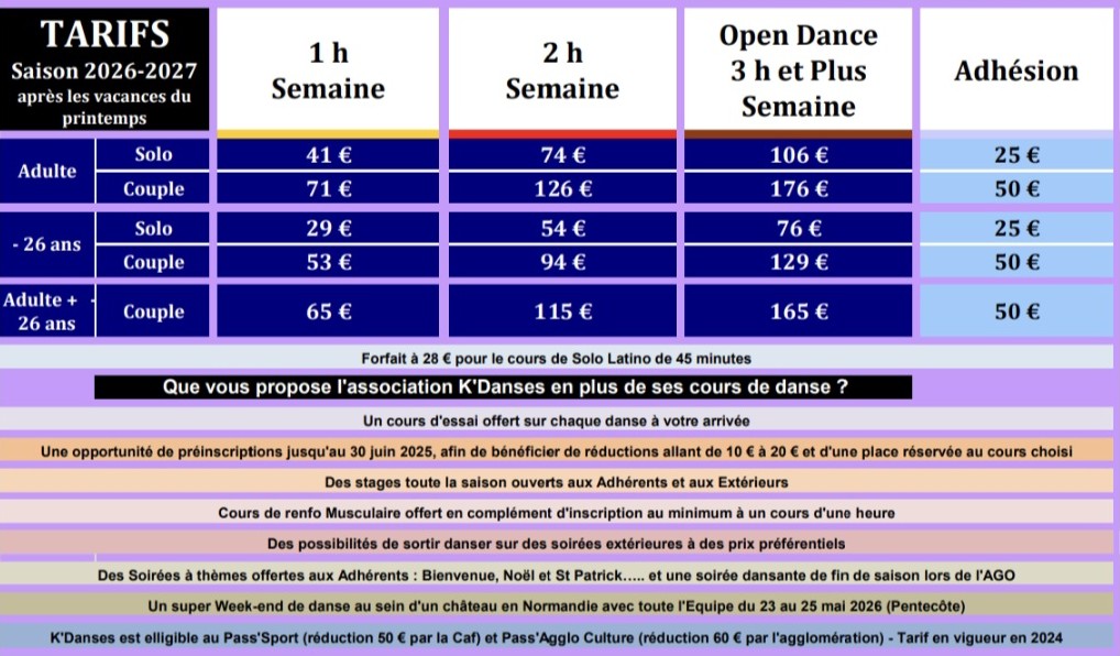 Tarifs K'Danses après printemps Tarifs K'Danses après printemps