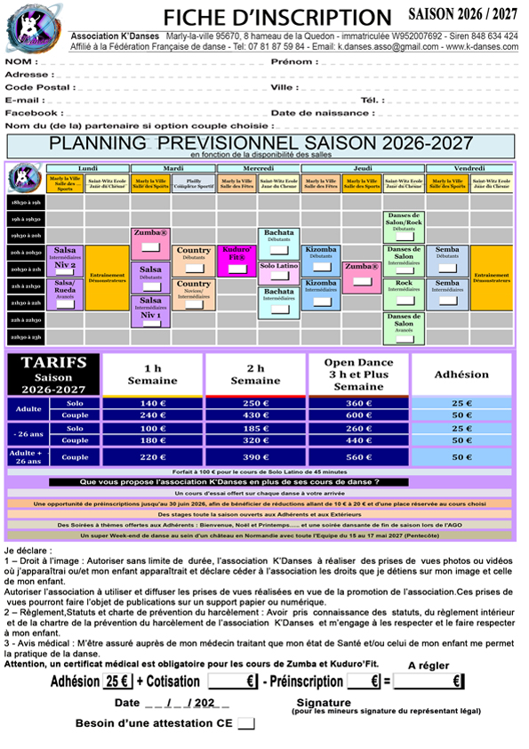 FICHE INSCRIPTION SAISON 2026-2027 A4